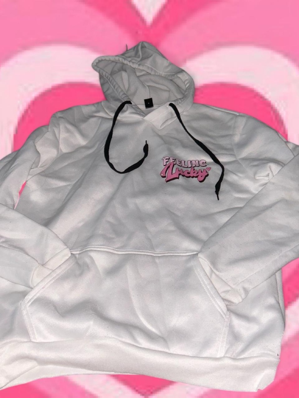 Feeling Lucky White Hoodie with Pink Script